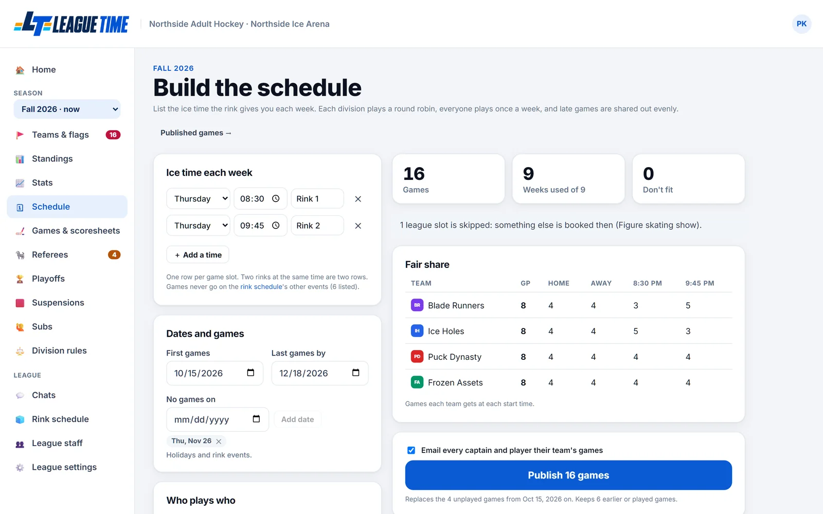 The schedule builder with weekly slots and a fair-share table